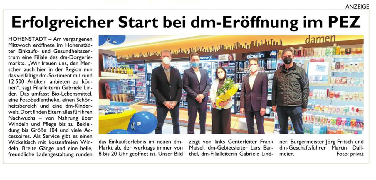 Presse-Artikel Eröffnung dm-Drogeriemarkt im PEZ Hohenstadt